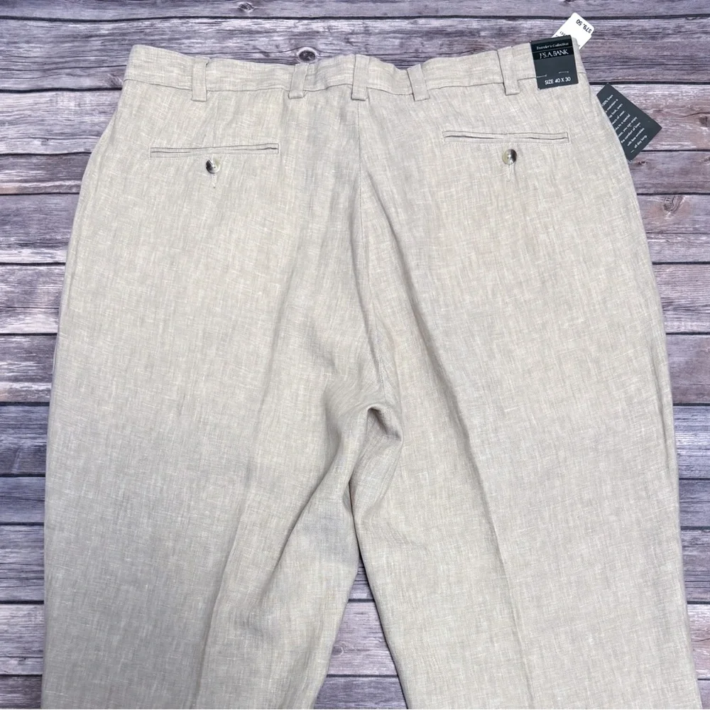 Jos A Bank Beige White Linen Woven Pleated Cuffed Dress Pants New 40 X 30